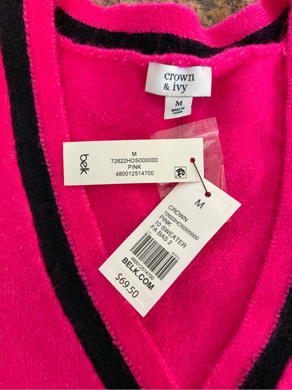 NWT Crown & Ivy Hot Pink Cardigan V Neck Black Trim Sweater Size M Barbiecore - Picture 3 of 6